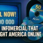Split-screen image of AOL free trial CDs and a vintage late-night TV infomercial screen with a bold headline: The Infomercial That Brought America Online.