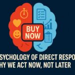 Split-brain illustration showing emotion and logic sides connected by a big red ‘BUY NOW’ button, symbolizing the psychology of direct response copywriting.