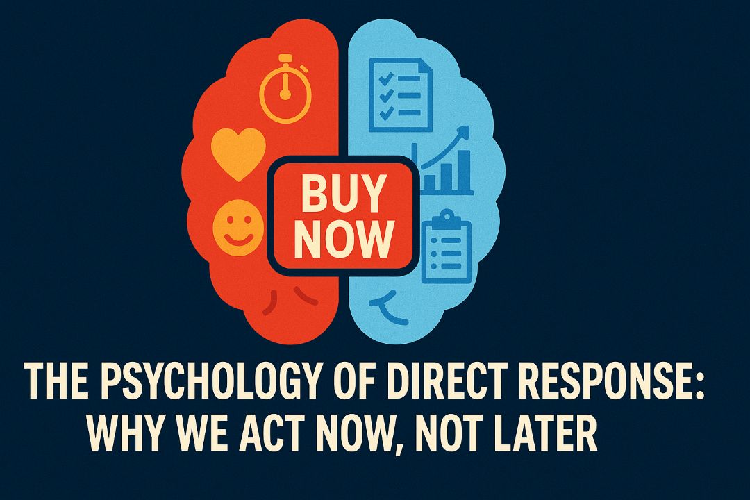 Split-brain illustration showing emotion and logic sides connected by a big red ‘BUY NOW’ button, symbolizing the psychology of direct response copywriting.